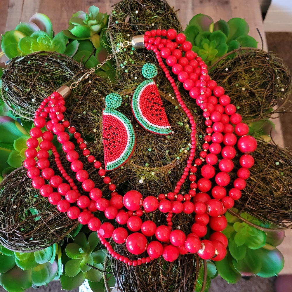 Red beaded choker with watermelon earrings set!